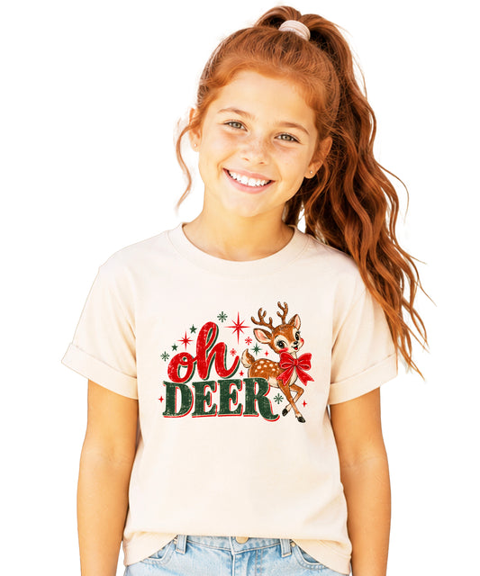 Oh Deer retro reindeer Christmas shirt in Natural, girls and toddler sizes