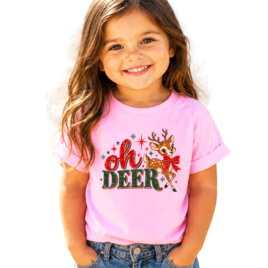 Oh Deer retro reindeer Christmas shirt in Pink, girls and toddler sizes