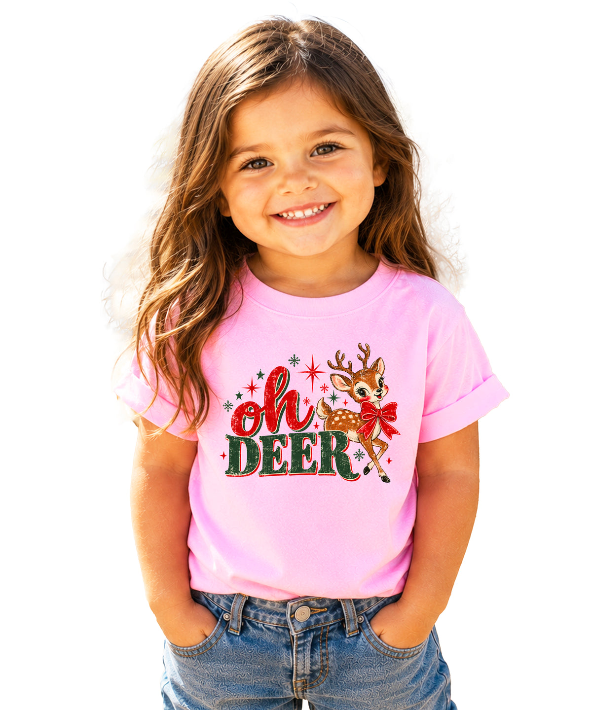 Oh Deer retro reindeer Christmas shirt in Pink, girls and toddler sizes