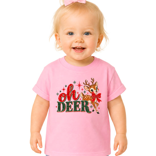 Oh Deer retro reindeer Christmas shirt in Pink, girls and toddler sizes