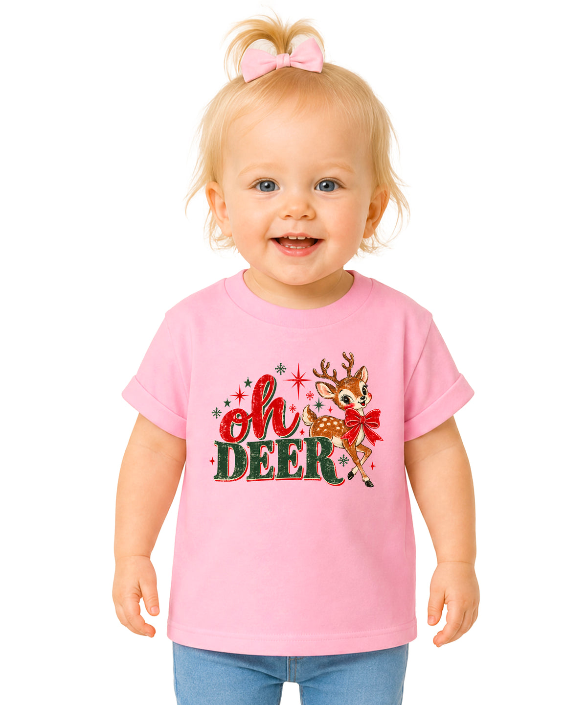 Oh Deer retro reindeer Christmas shirt in Pink, girls and toddler sizes