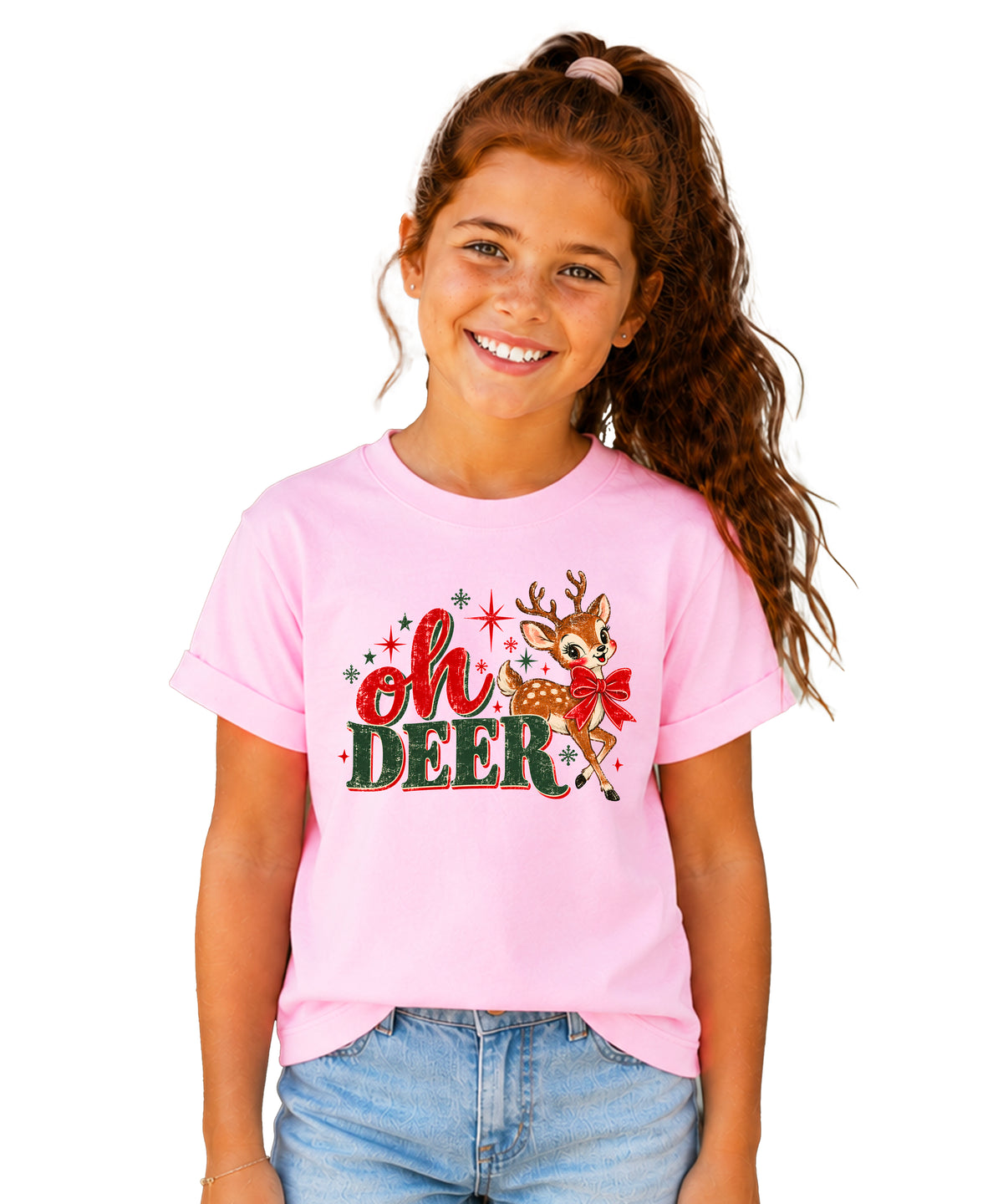 Oh Deer retro reindeer Christmas shirt in Pink, girls and toddler sizes