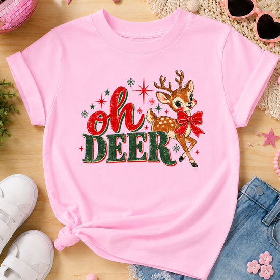 Oh Deer retro reindeer Christmas shirt in Pink, girls and toddler sizes