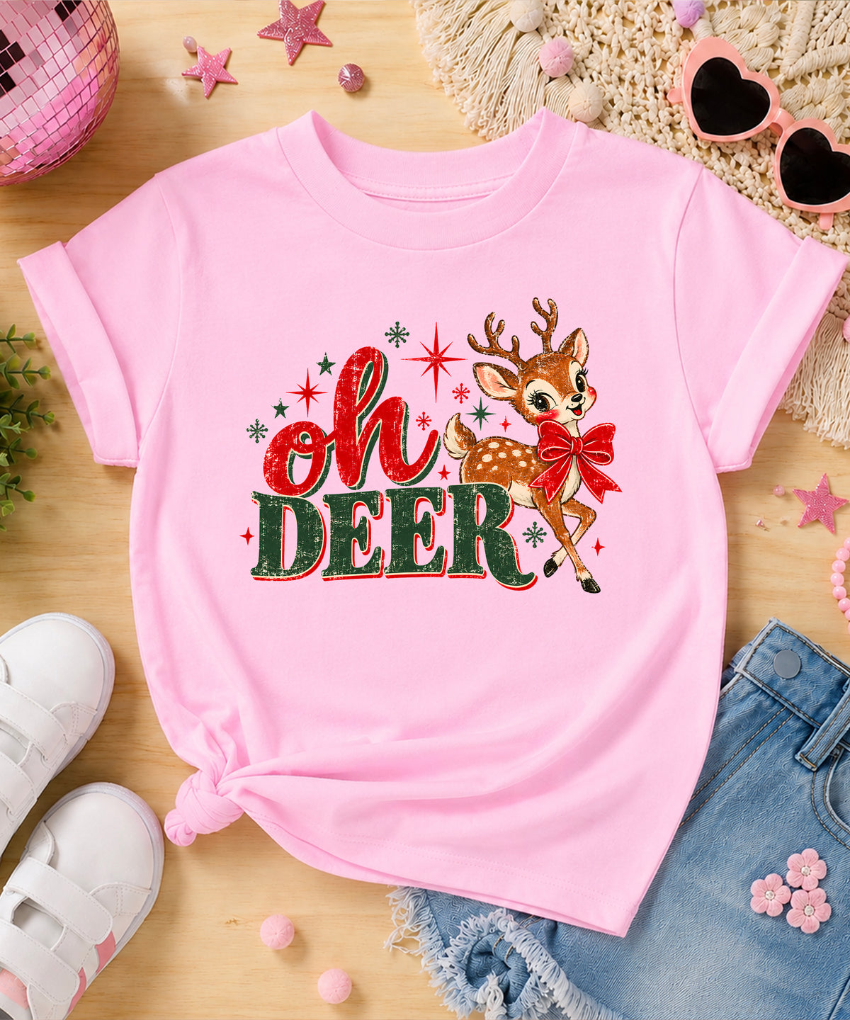 Oh Deer retro reindeer Christmas shirt in Pink, girls and toddler sizes