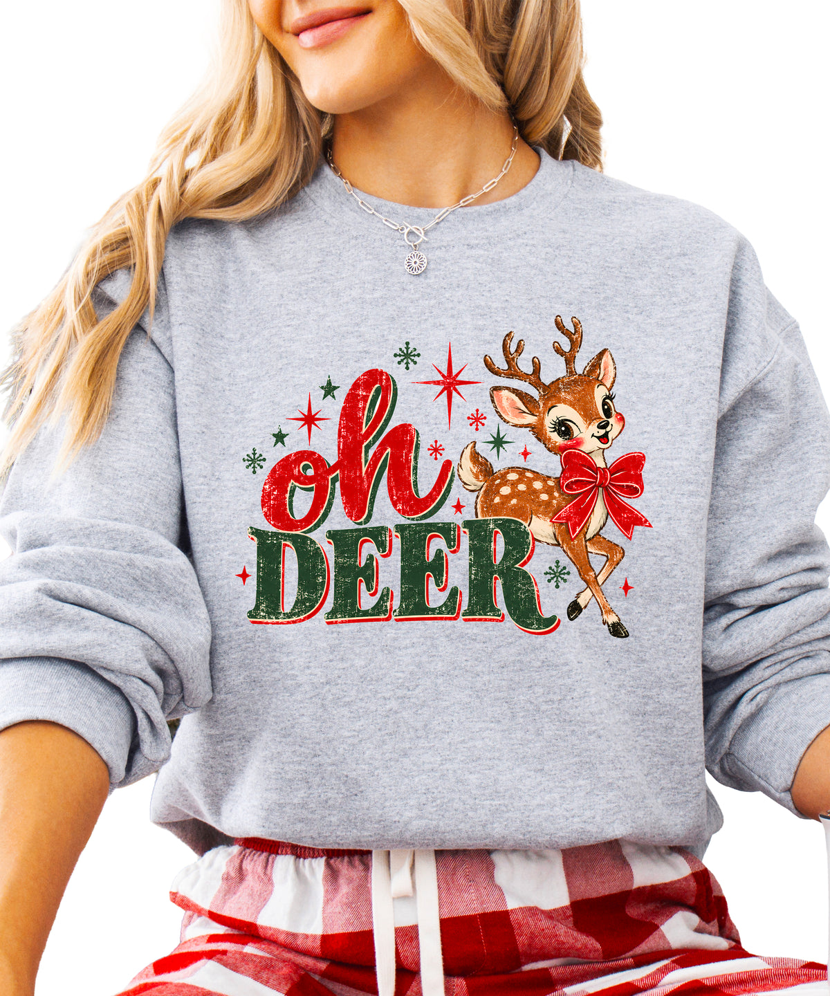 Oh Deer retro reindeer Christmas sweatshirt in Gray, women's - front view
