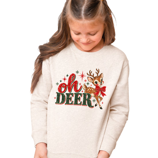 Oh Deer retro reindeer Christmas sweatshirt in Natural Heather, girls' youth and toddler - front view