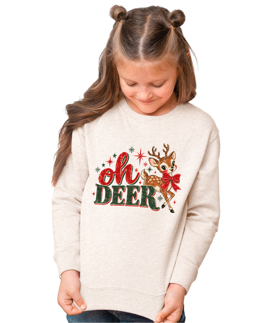 Oh Deer retro reindeer Christmas sweatshirt in Natural Heather, girls' youth and toddler - front view