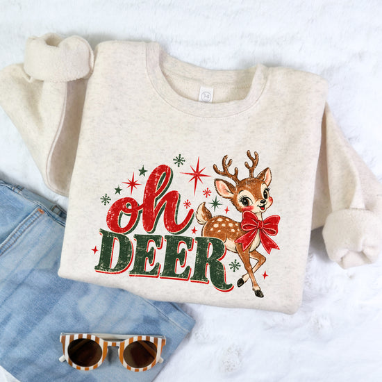 Oh Deer retro reindeer Christmas sweatshirt in Natural Heather, girls' youth and toddler - view 2