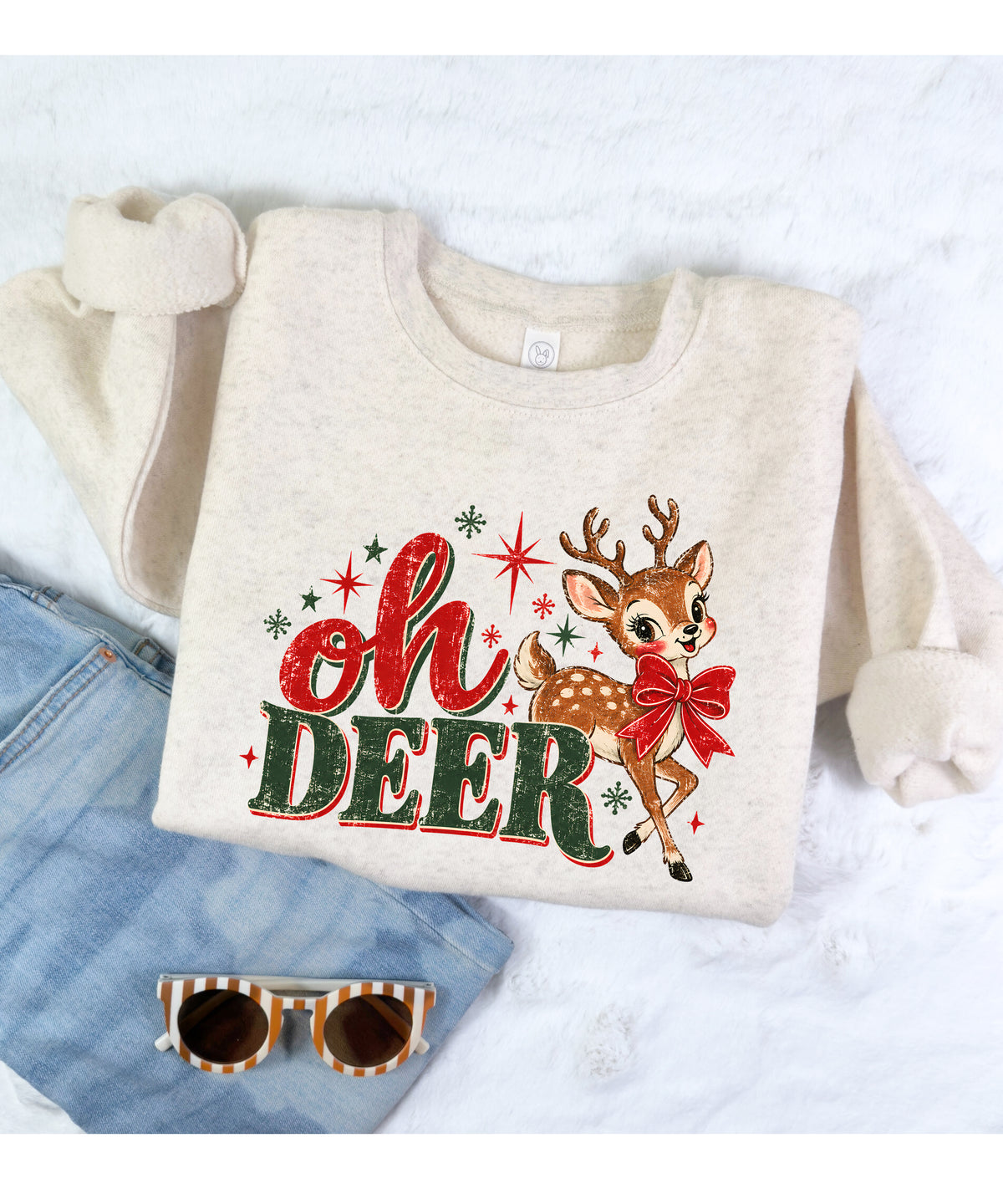 Oh Deer retro reindeer Christmas sweatshirt in Natural Heather, girls' youth and toddler - view 2