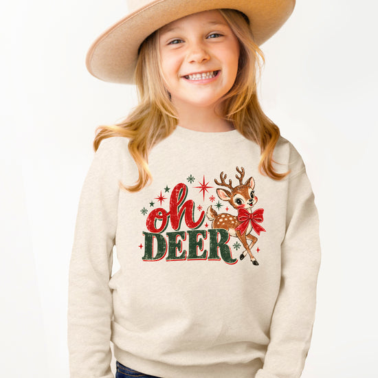 Oh Deer retro reindeer Christmas sweatshirt in Natural Heather, girls' youth and toddler - view 3