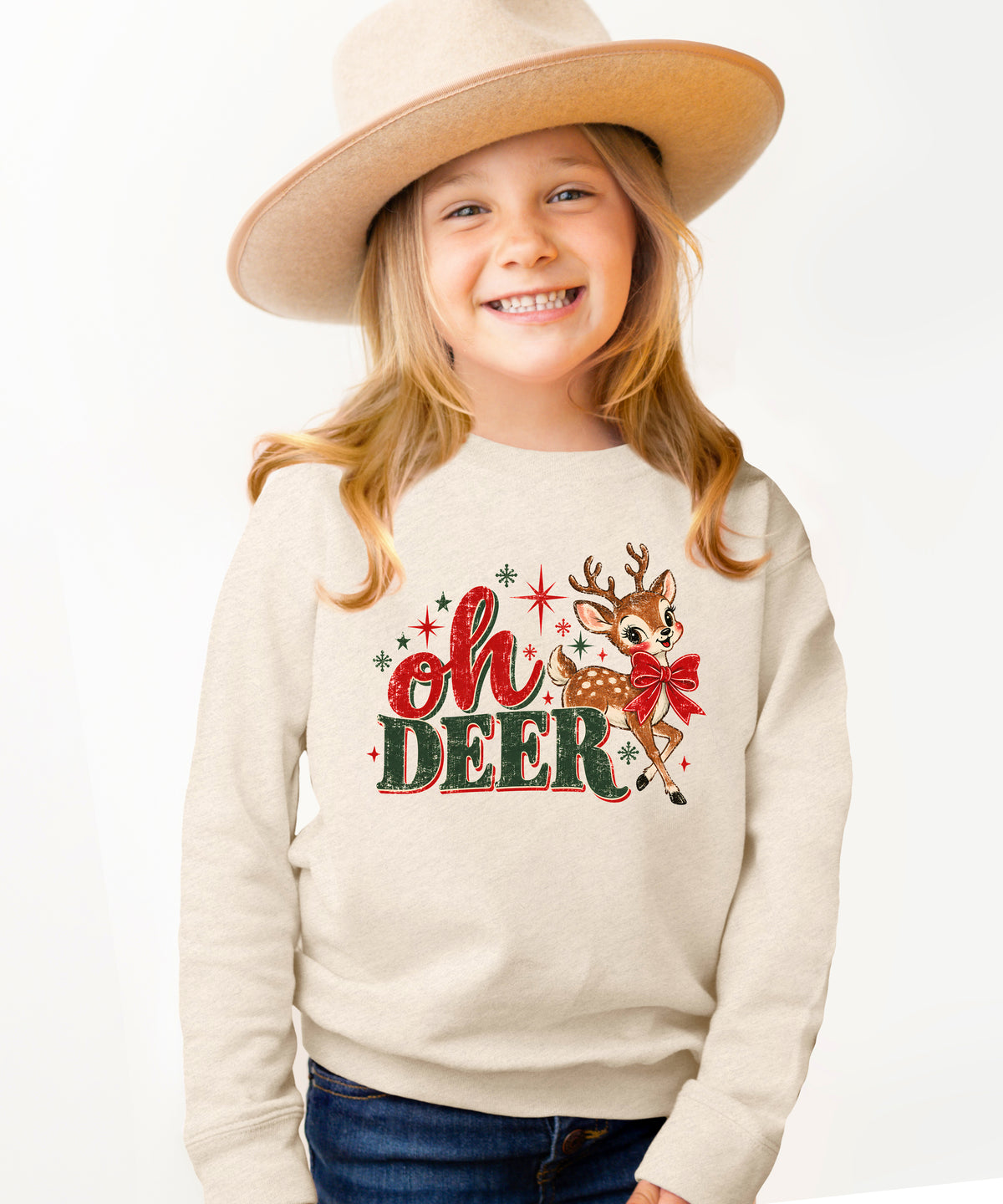 Oh Deer retro reindeer Christmas sweatshirt in Natural Heather, girls' youth and toddler - view 3