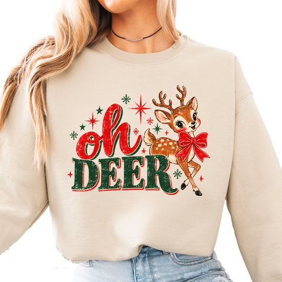 Oh Deer retro reindeer Christmas sweatshirt in Sand, women's - front view