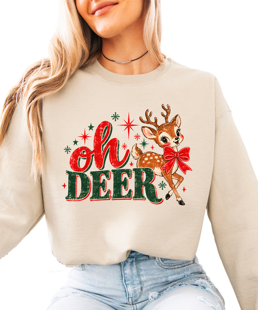 Oh Deer retro reindeer Christmas sweatshirt in Sand, women's - front view