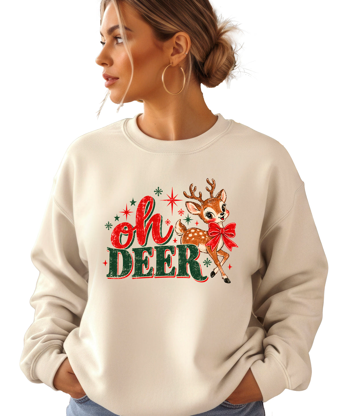 Oh Deer retro reindeer Christmas sweatshirt in Sand, women's - view 2