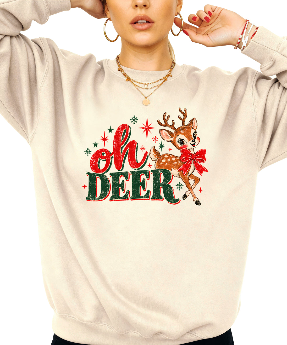 Oh Deer retro reindeer Christmas sweatshirt in Sand, women's - view 3
