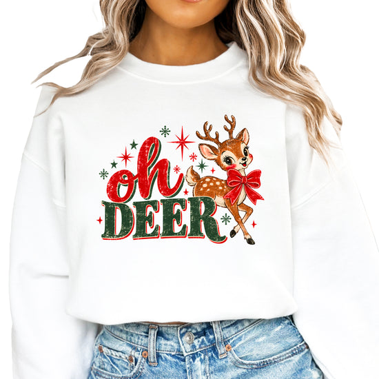 Oh Deer retro reindeer Christmas sweatshirt in White, women's - front view