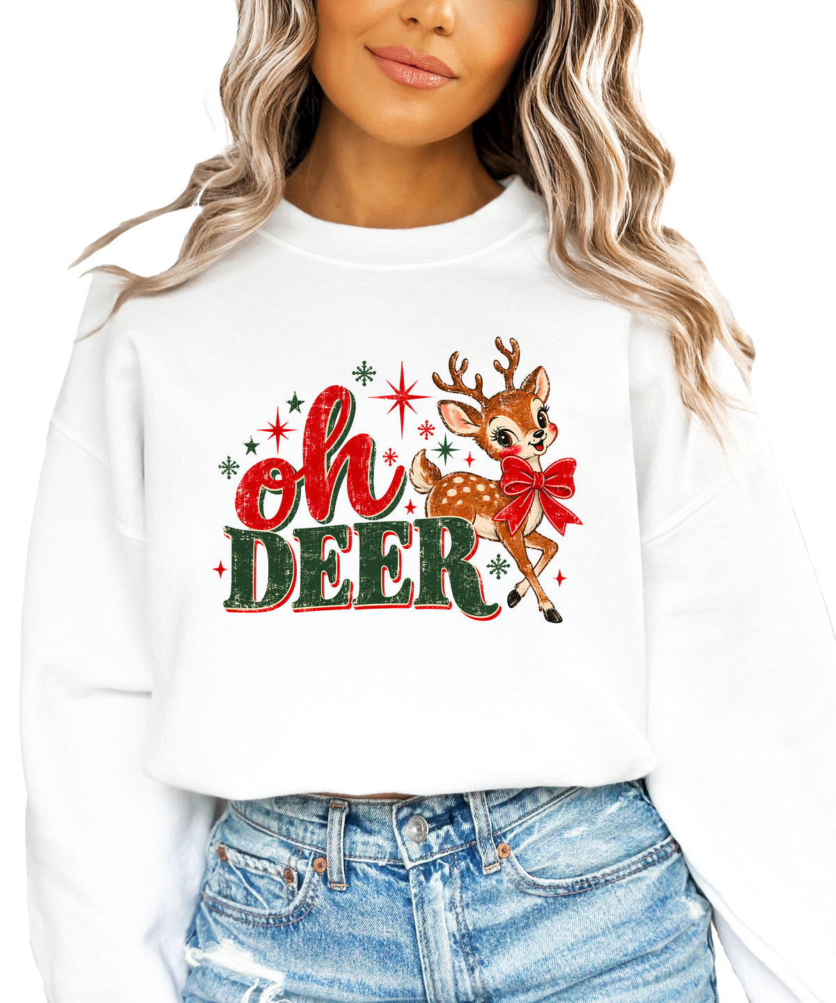 Oh Deer retro reindeer Christmas sweatshirt in White, women's - front view