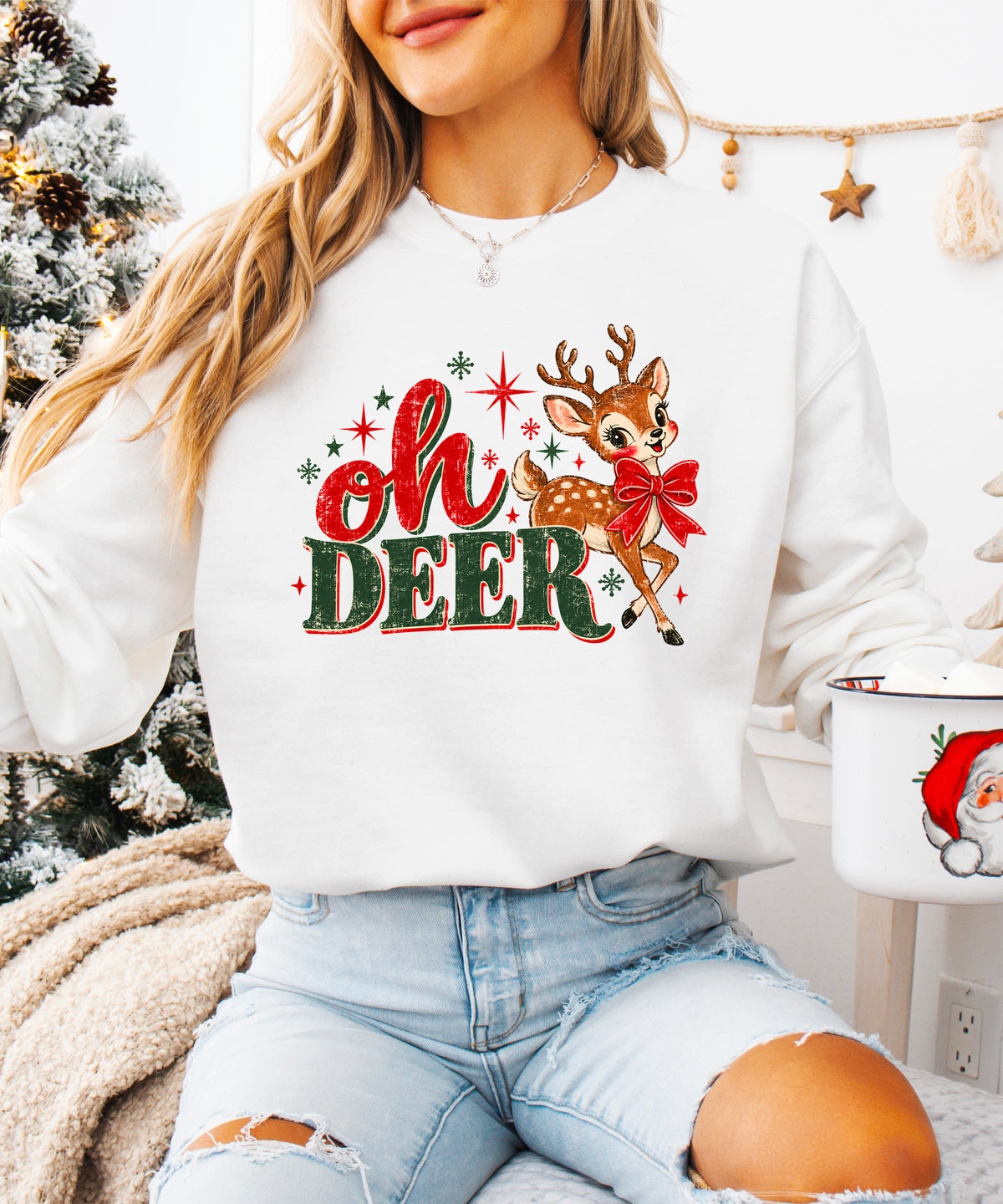 Oh Deer retro reindeer Christmas sweatshirt in White, women's - view 3