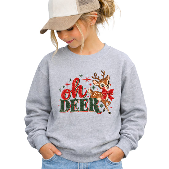 Oh Deer retro reindeer Christmas sweatshirt in Gray, girls' youth - front view