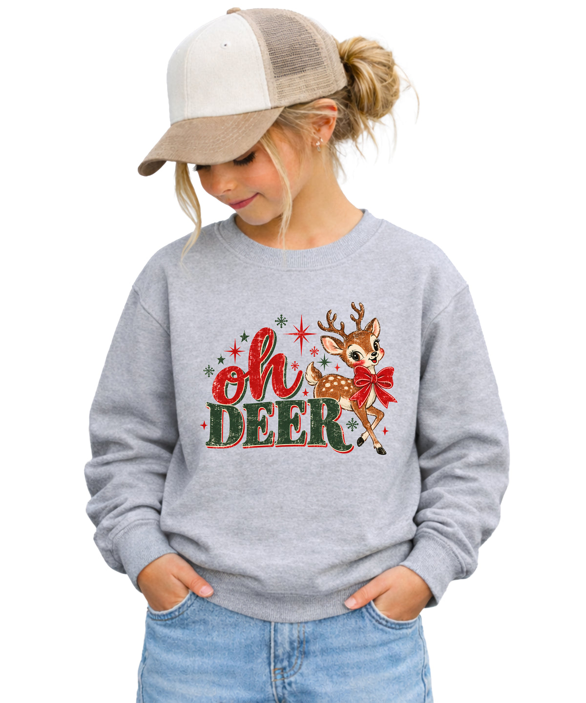 Oh Deer retro reindeer Christmas sweatshirt in Gray, girls' youth - front view