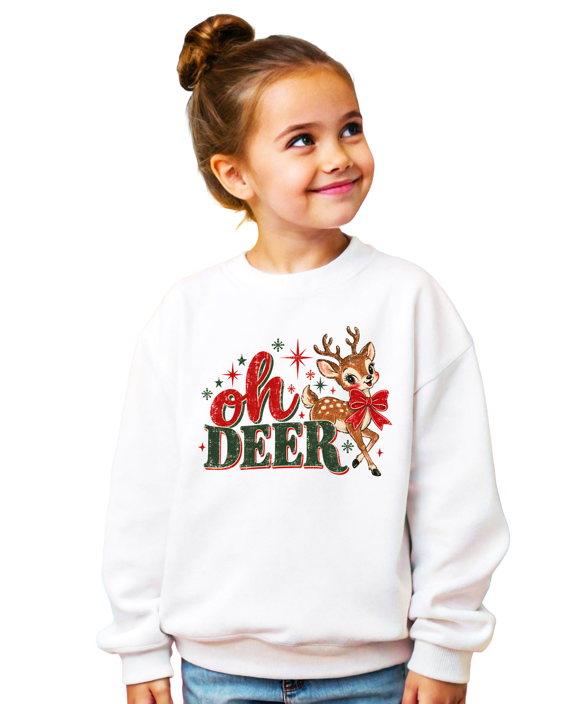 Oh Deer retro reindeer Christmas sweatshirt in White, girls' youth - front view