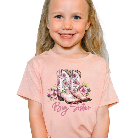Big Sister floral cowgirl boots shirt for baby, toddler and youth girls in Peach Shirt - view 1