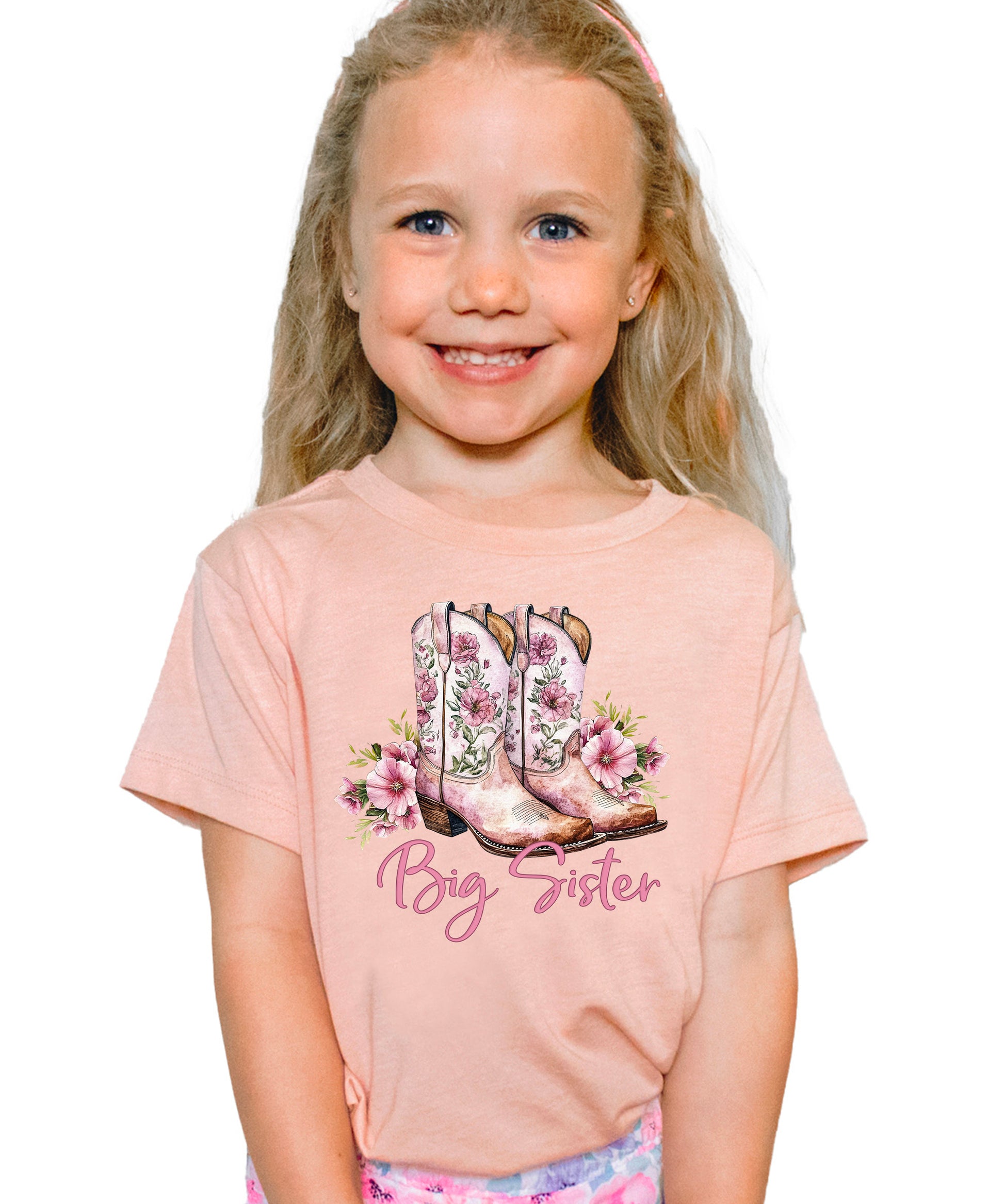 Big Sister floral cowgirl boots shirt for baby, toddler and youth girls in Peach Shirt - view 1