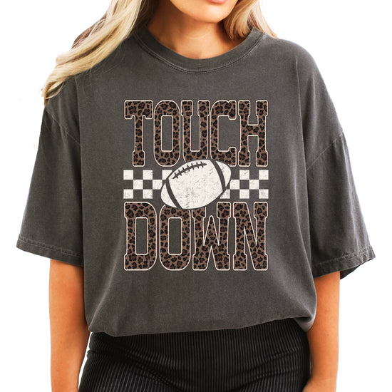 Leopard Print Touchdown Comfort Colors tee in Pepper - front view