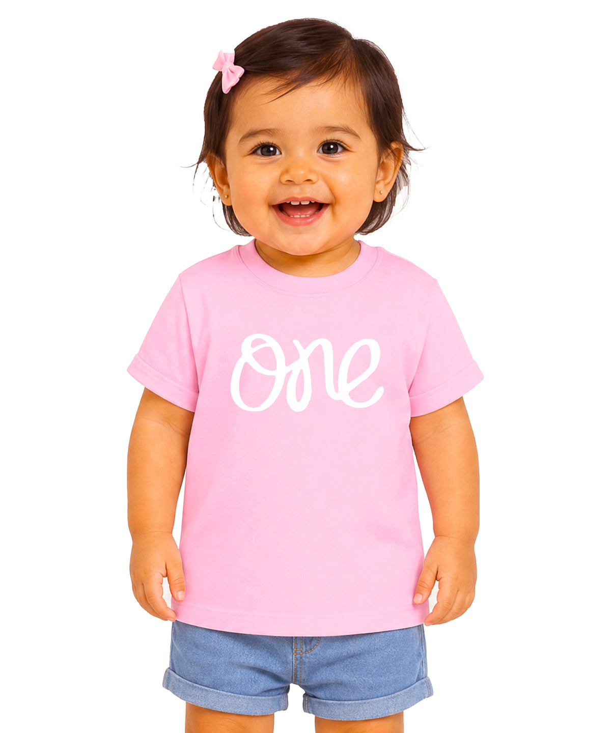 One first birthday shirt for baby girls in White on Pink