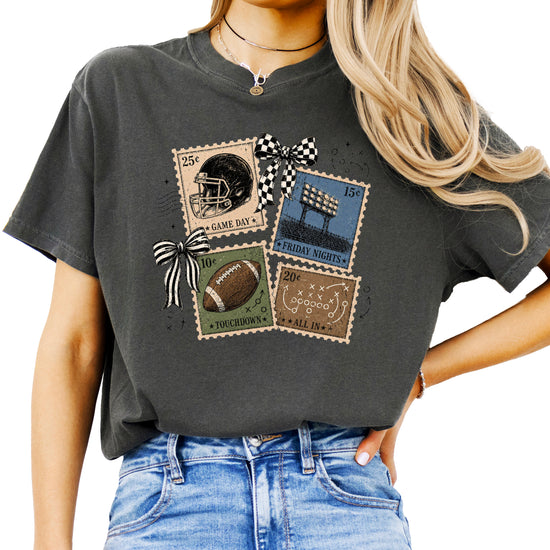 Vintage Football Stamps Coquette Bow Comfort Colors tee in Pepper - front view