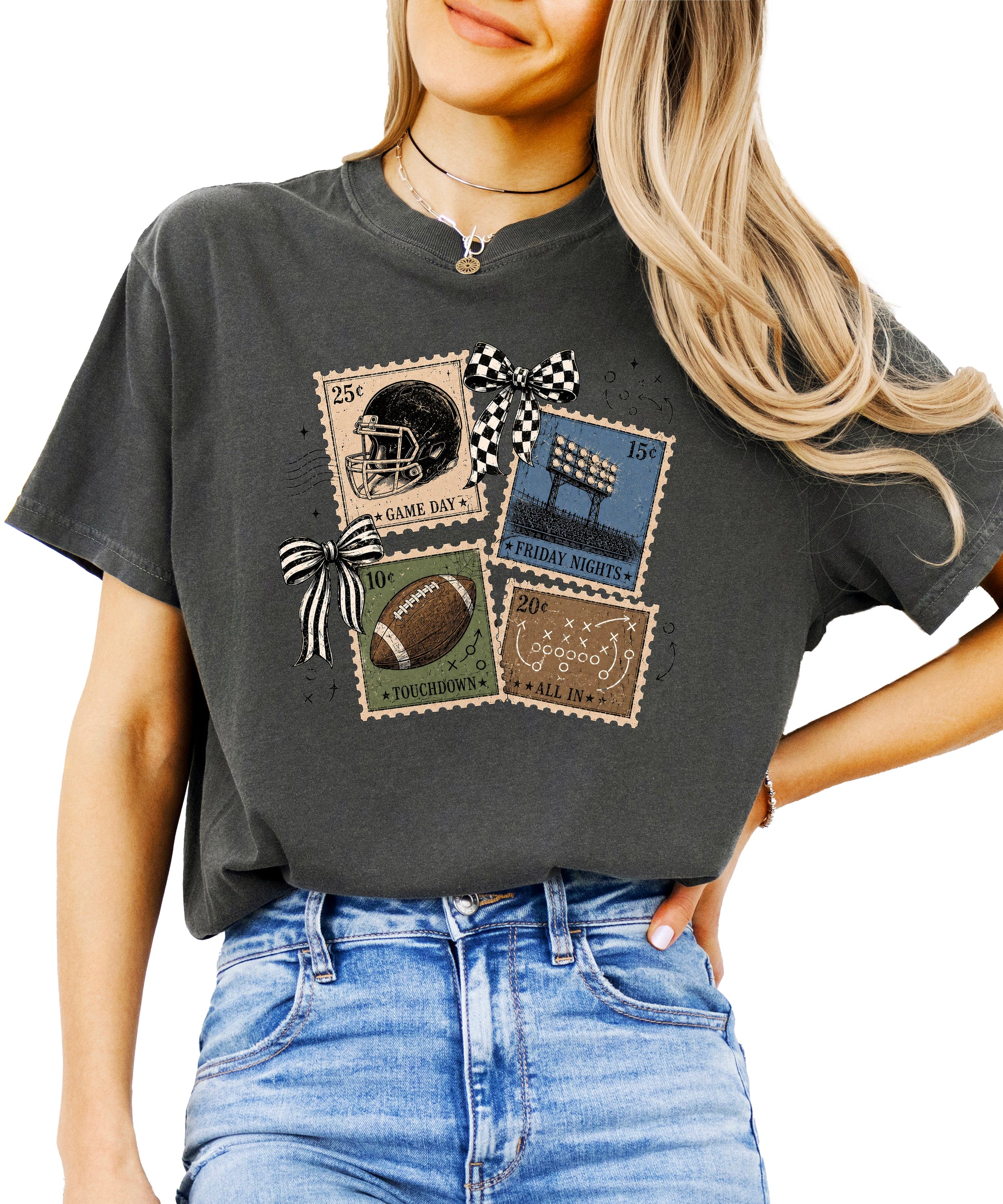 Vintage Football Stamps Coquette Bow Comfort Colors tee in Pepper - front view