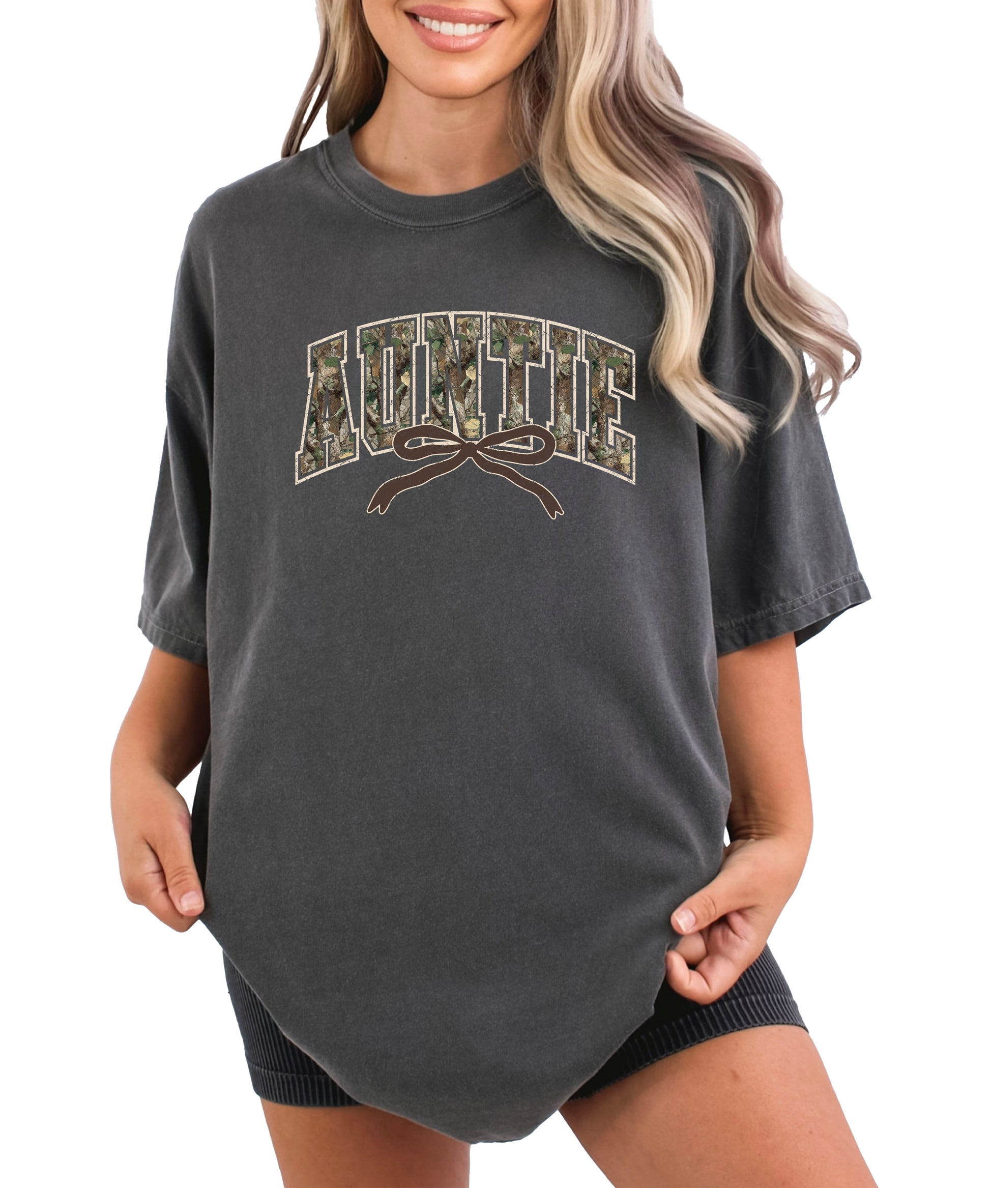 Auntie camo coquette bow t-shirt for women in Pepper gray, front view