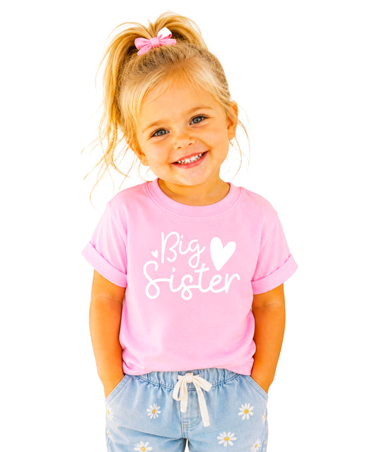 Cursive Big Sister Hearts Sibling Reveal Tee for Baby & Toddler Girls