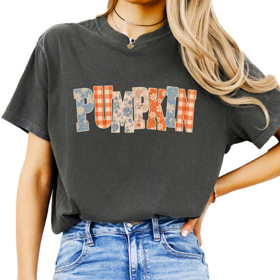 Pumpkin patch fall graphic tee for women in Pepper on Comfort Colors 1717, front view