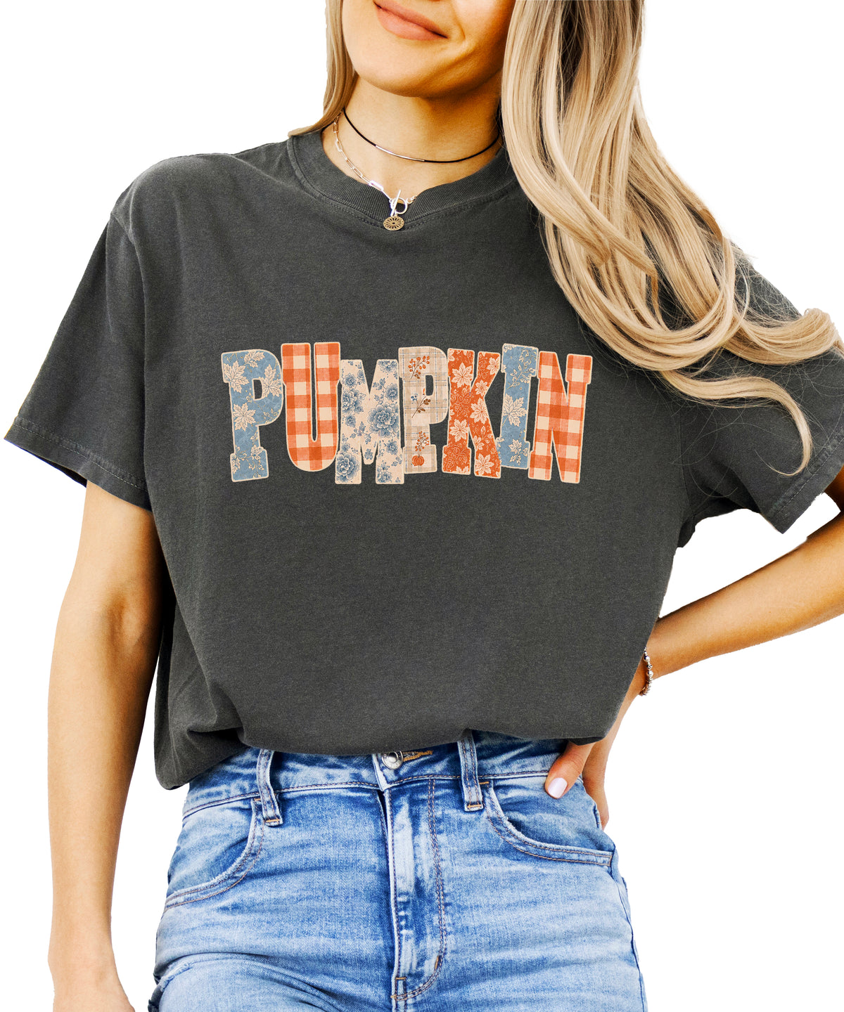 Pumpkin patch fall graphic tee for women in Pepper on Comfort Colors 1717, front view
