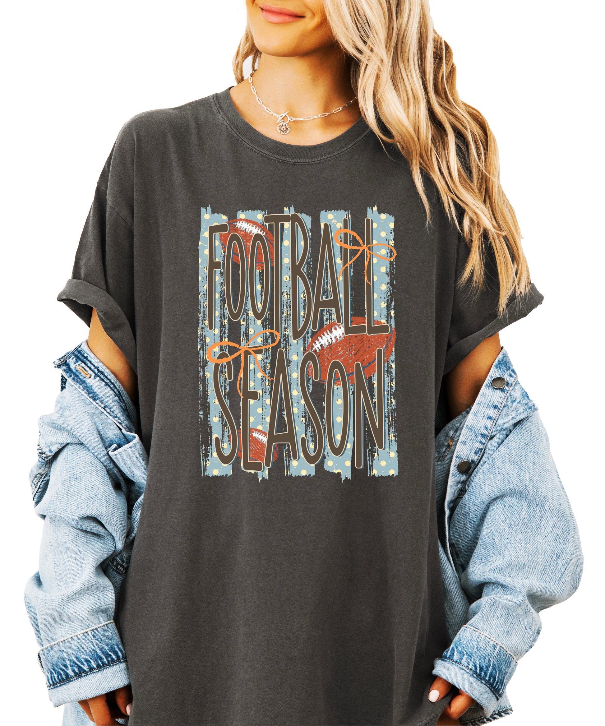 Football Season coquette bow Comfort Colors tee in Pepper - front view