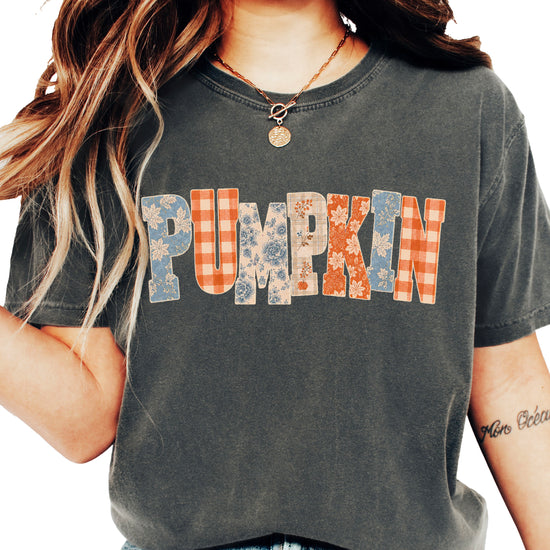 Pumpkin patch fall graphic tee for women in Pepper on Comfort Colors 1717, lifestyle view