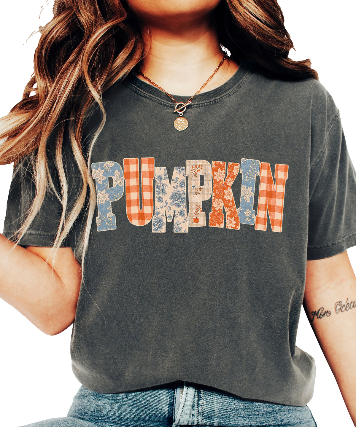 Pumpkin patch fall graphic tee for women in Pepper on Comfort Colors 1717, lifestyle view