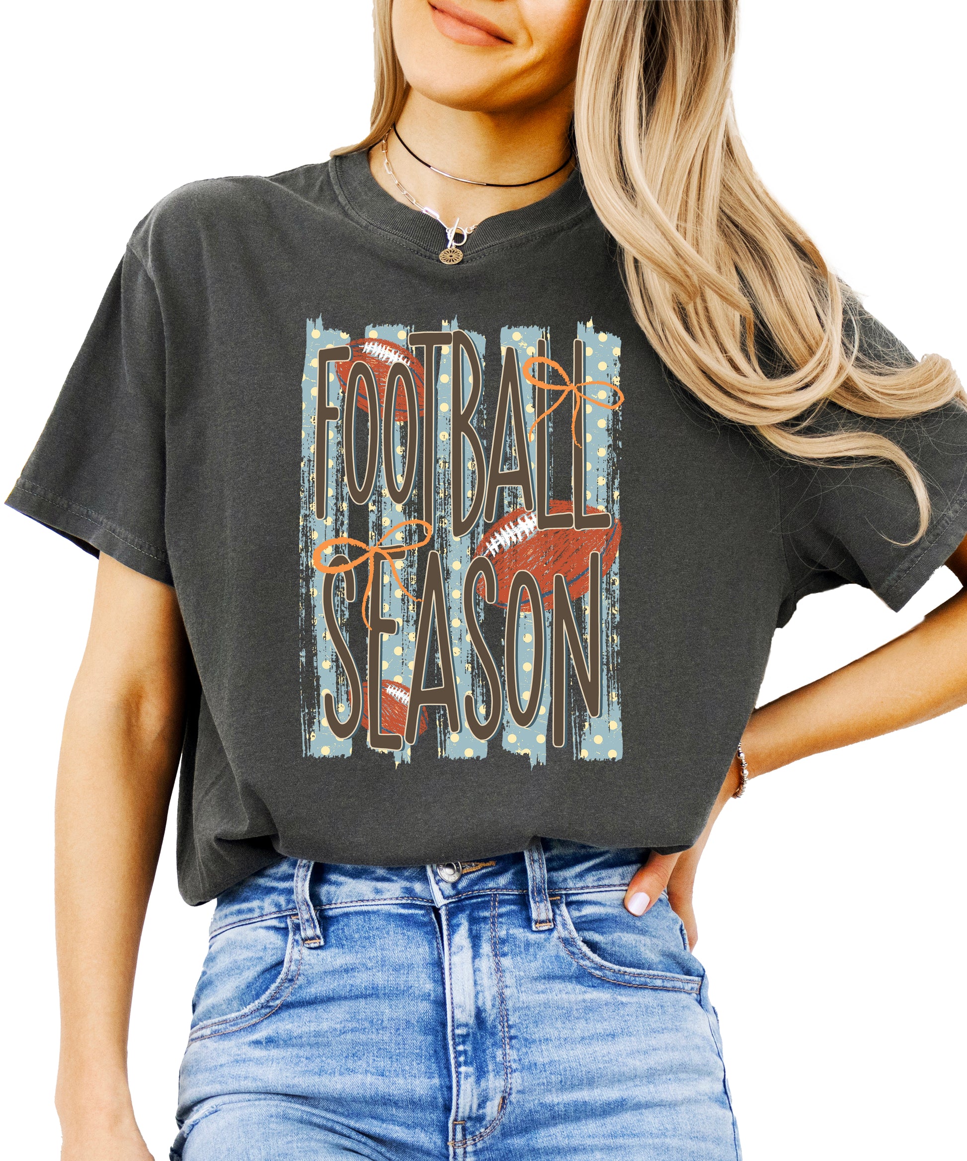 Football Season coquette bow Comfort Colors tee in Pepper - view 2