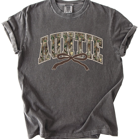 Auntie camo coquette bow womens tee in Pepper gray, product view 2