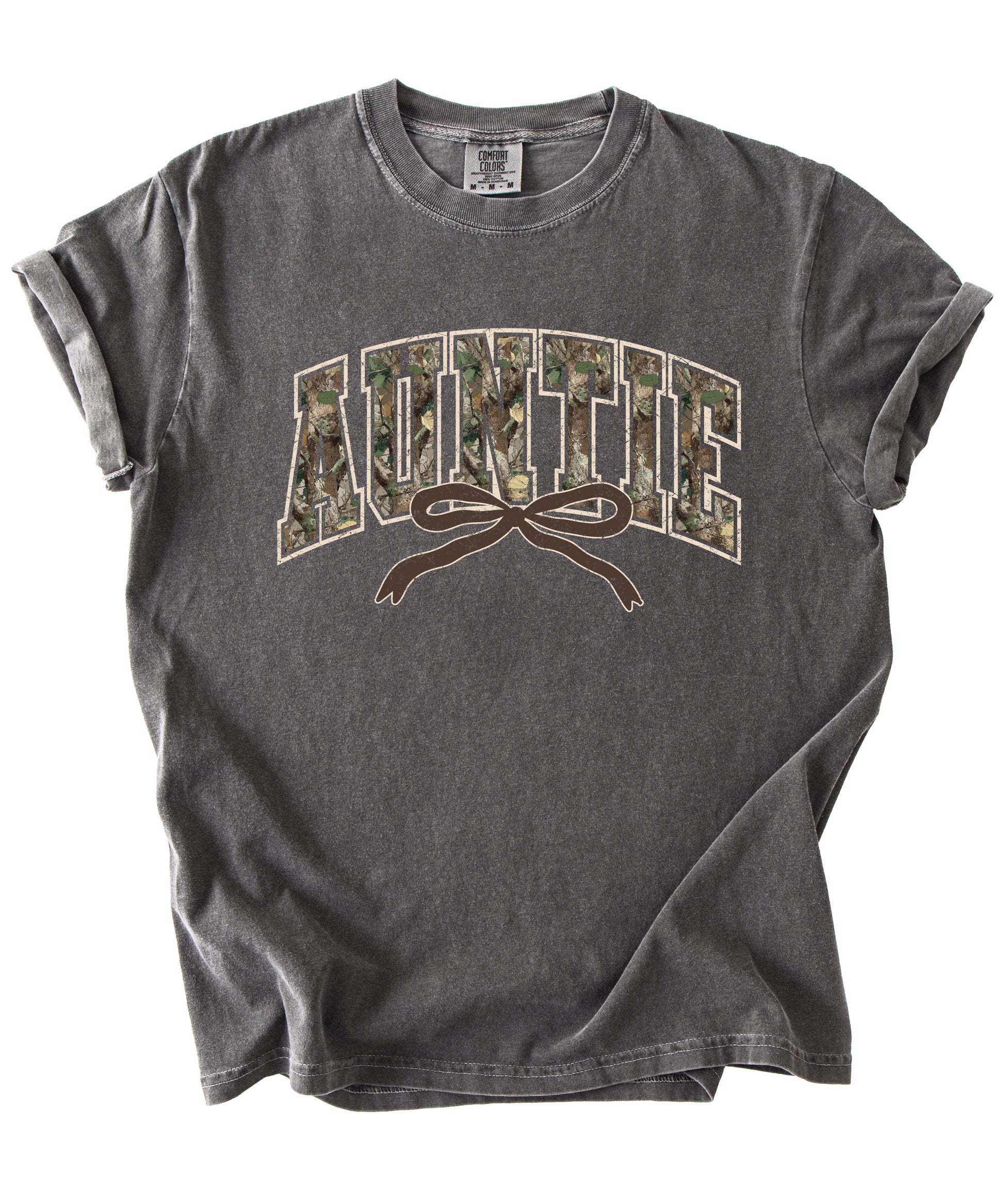 Auntie camo coquette bow womens tee in Pepper gray, product view 2