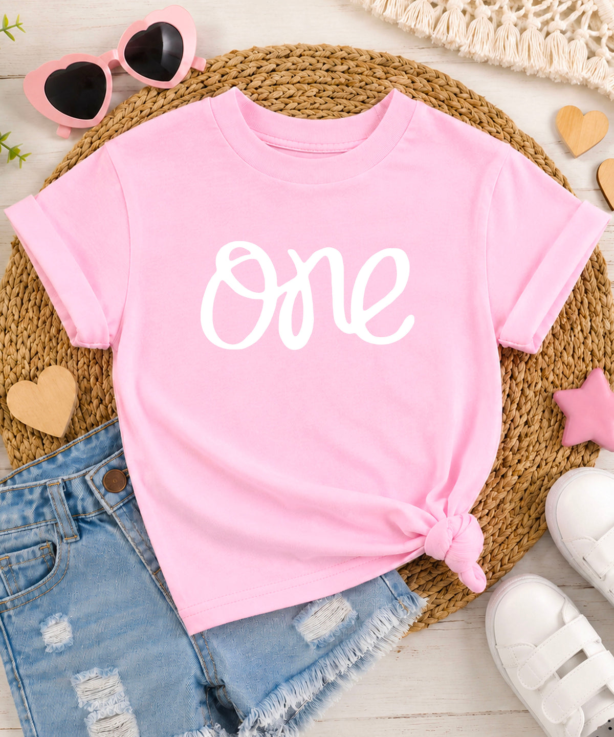 White on Pink One first birthday shirt for baby girls - view 2