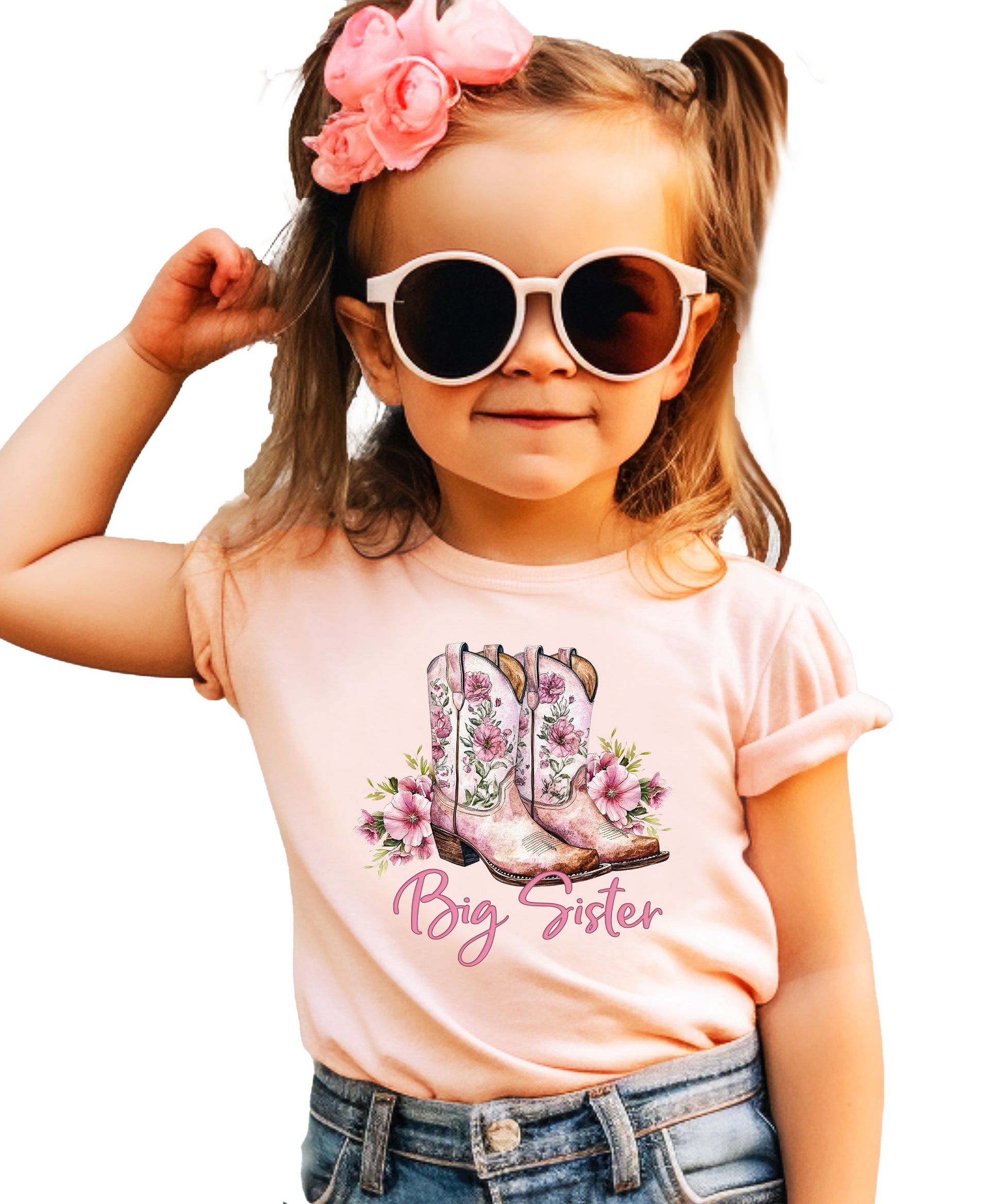 Big Sister floral cowgirl boots shirt for baby, toddler and youth girls in Peach Shirt - view 2