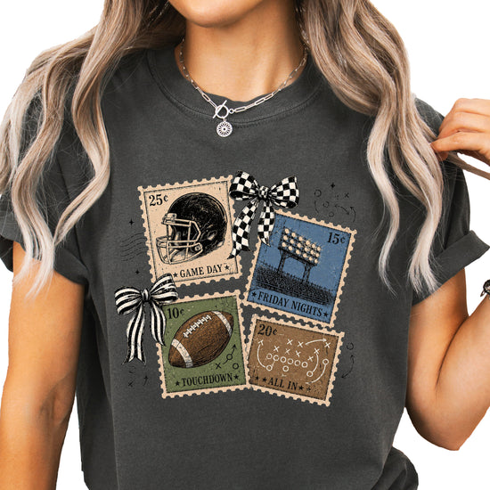 Vintage Football Stamps Coquette Bow Comfort Colors tee in Pepper - view 2