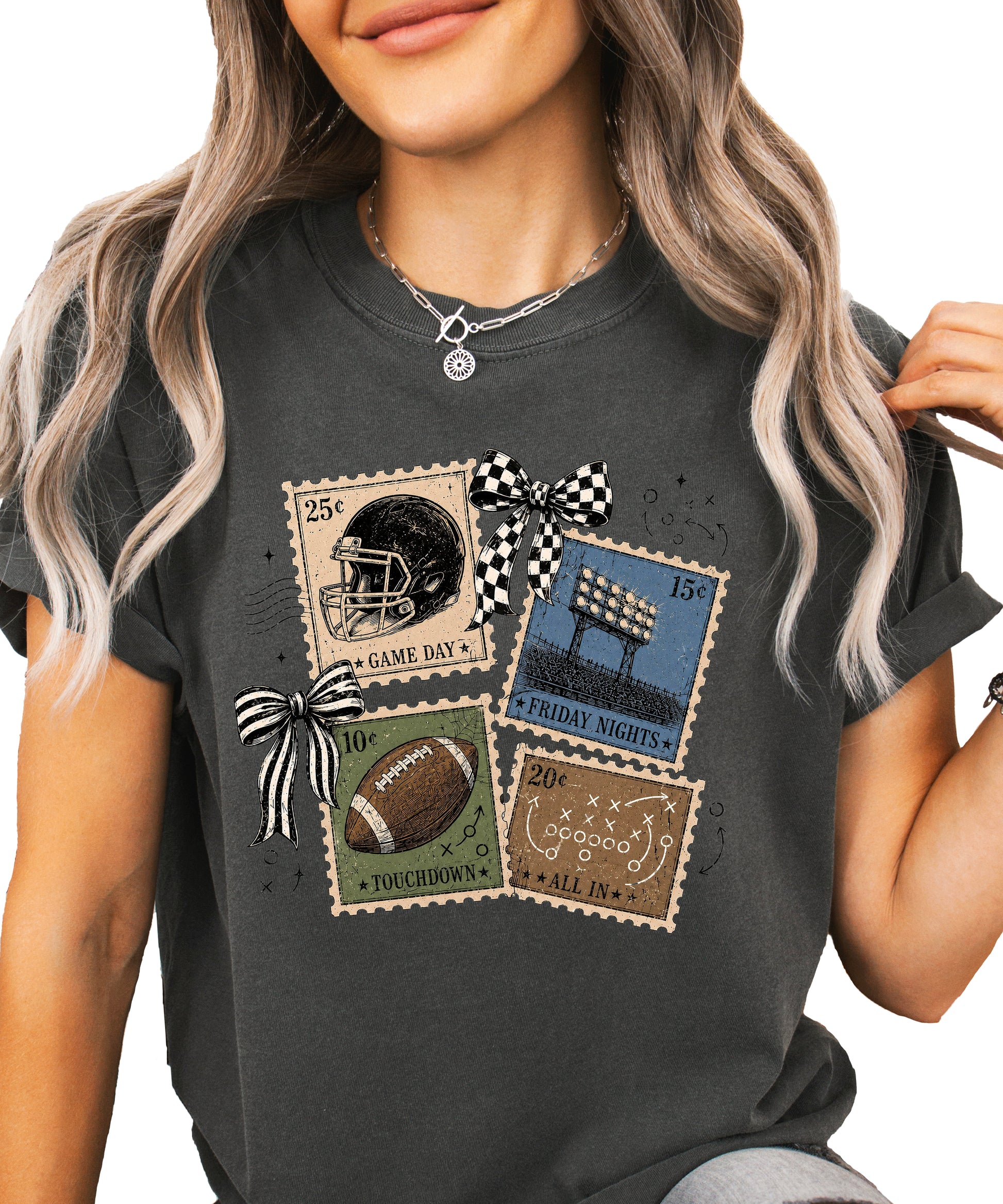 Vintage Football Stamps Coquette Bow Comfort Colors tee in Pepper - view 2