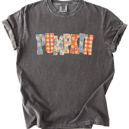 Pumpkin patch fall graphic tee for women in Pepper on Comfort Colors 1717, flat lay detail