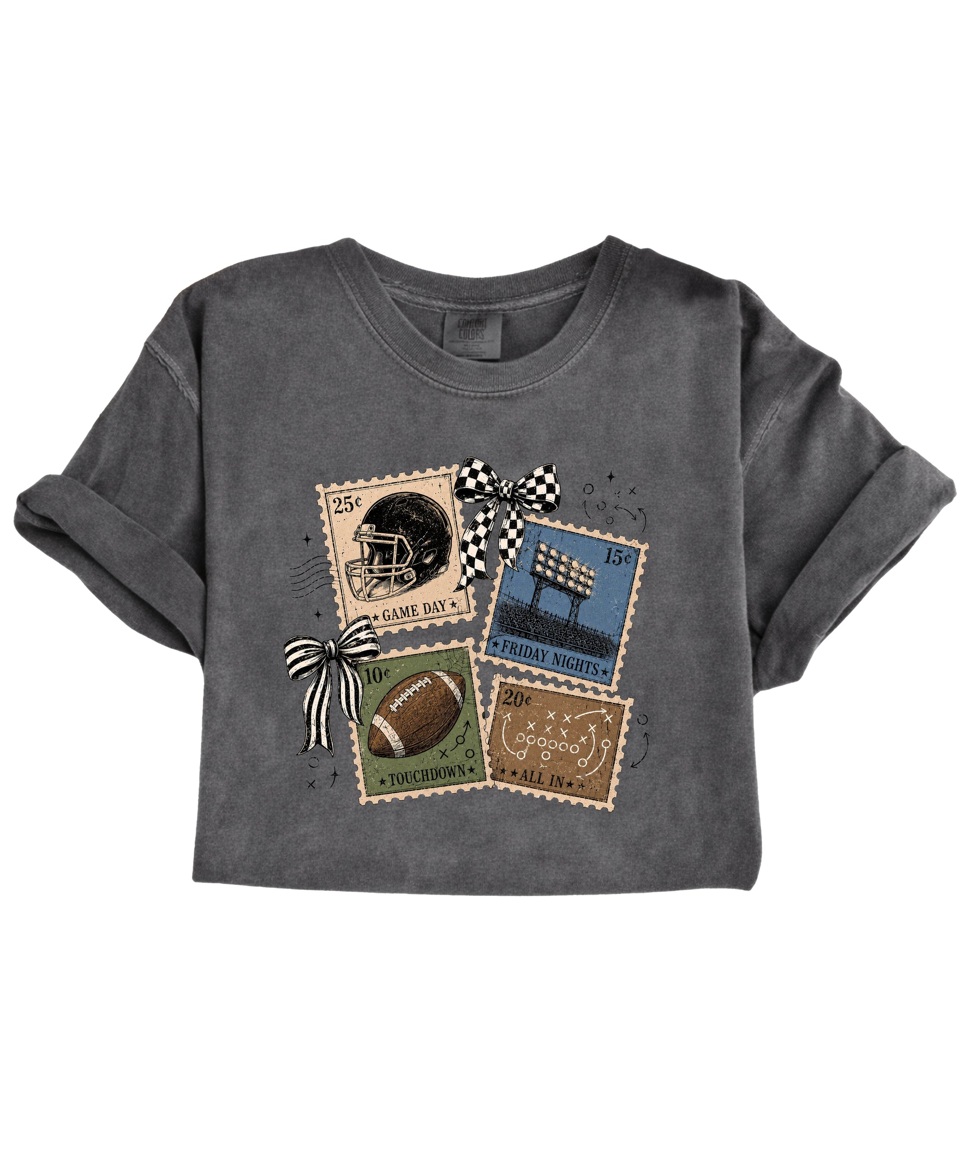 Vintage Football Stamps Coquette Bow Comfort Colors tee in Pepper - view 3