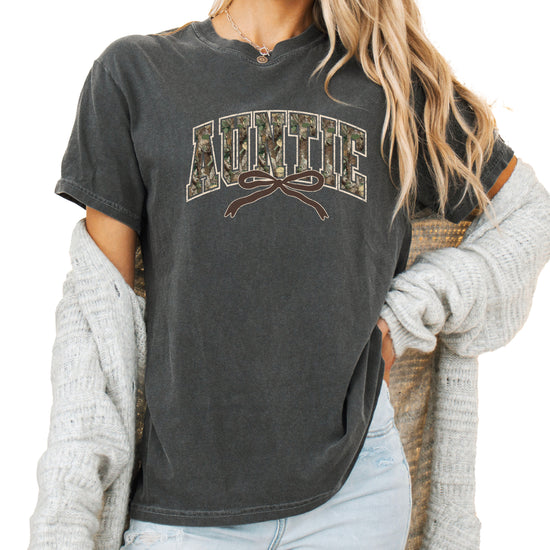 Auntie camo coquette bow womens tee in Pepper gray, product view 3