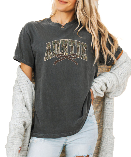 Auntie camo coquette bow womens tee in Pepper gray, product view 3