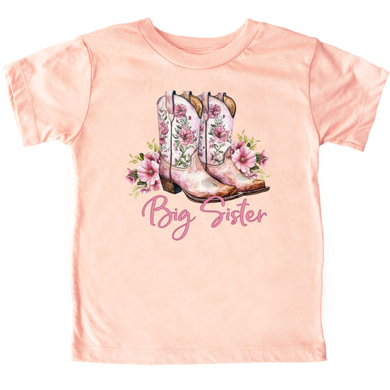 Big Sister floral cowgirl boots shirt for baby, toddler and youth girls in Peach Shirt - view 3